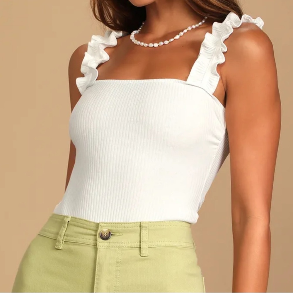 Lulu’s Musing About You White Ribbed Ruffle Strap Bodysuit